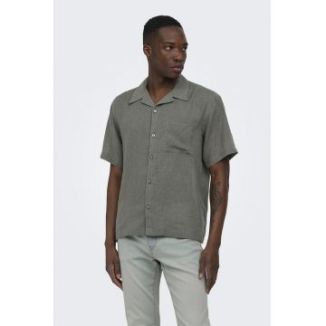 Camasa relaxed fit din amestec de in cu buzunar pe piept - Gri inchis