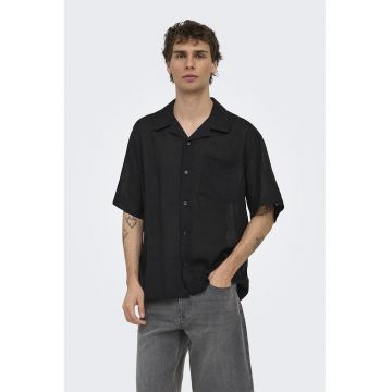 Camasa relaxed fit din amestec de in cu buzunar pe piept - Negru