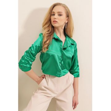 Camasa  satin - cu maneca lunga - verde - poliester