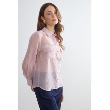 Camasa semitransparenta din amestec de lyocell cu buzunare cu clapa - Roz pastel