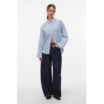 Camasa supradimensionata cu broderie florala - Albastru azur