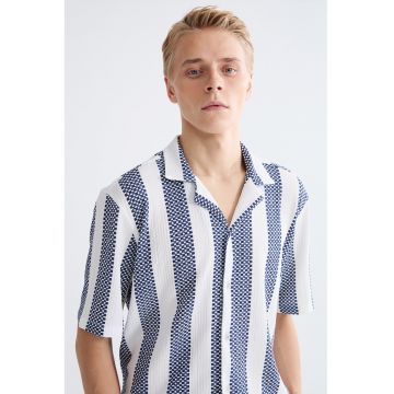 Camasa texturata cu dungi si maneci scurte - Alb/Bleumarin