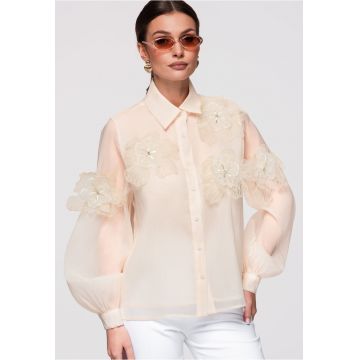 LARICA Camasa dama eleganta cu aplicatii florale si maneci lungi - stil romantic - Ecru