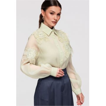 LARICA Camasa dama eleganta cu aplicatii florale si maneci lungi - stil romantic - Verde
