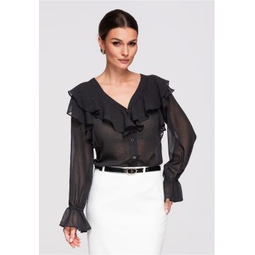 LARICA Camasa dama eleganta - cu volane delicate - din poliester semi-transparent - croiala lejera - Negru