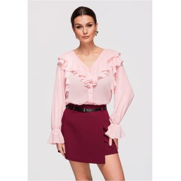 LARICA Camasa dama eleganta - cu volane delicate - din poliester semi-transparent - croiala lejera - Roz