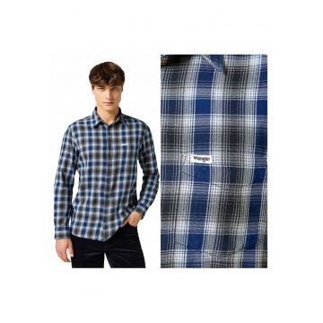 Camasa Barbati -  1PKT Shirt - Regular Fit - Design Clasic - Maneci Lungi - Cu Guler - Cu Nasturi - Bumbac - Albastru - Albastru