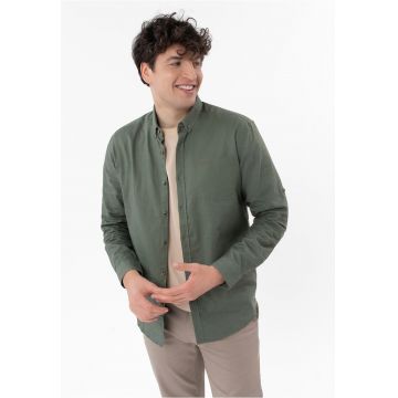Camasa barbati din in si viscoza - maneci lungi - buzunar pe piept - Regular Fit - uni -  K-Vinces - verde - Verde