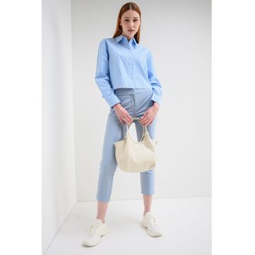 Camasa crop cu model in dungi Norlina - Alb/Albastru pastel
