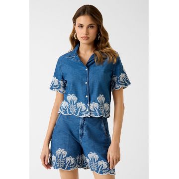 Camasa crop din denim cu broderie - Alb/Albastru
