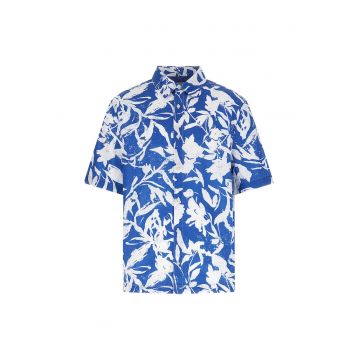 Camasa cu imprimeu tropical - Albastru royal/Alb murdar