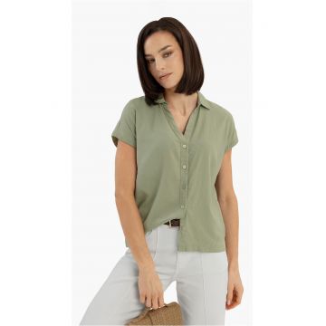Camasa dama cu maneci scurte din in si viscoza - decolteu in V cu guler - Regular Fit -  C-Guare - verde - Verde