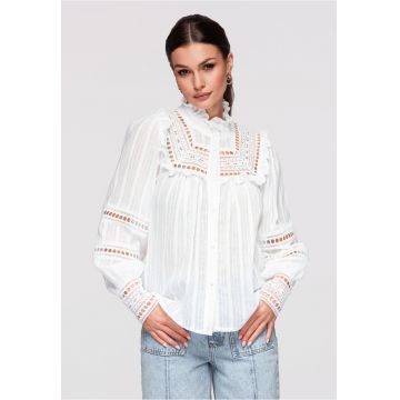 Camasa Dama Eleganta - Bumbac Texturat - Croiala Lejera cu Volane - Alb