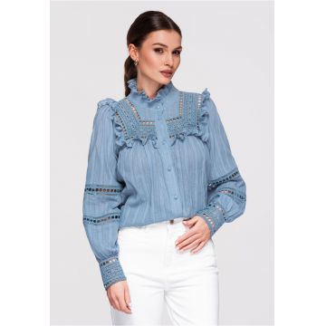 Camasa Dama Eleganta - Bumbac Texturat - Croiala Lejera cu Volane - Albastru