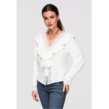 Camasa Dama Eleganta - Crosetata - Maneci Lungi - Decolteu V - Bumbac - Alb