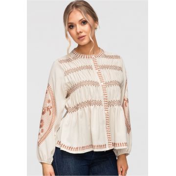 Camasa dama eleganta cu broderie - bumbac si viscoza - croiala lejera - Bej