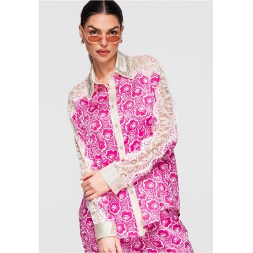 Camasa dama eleganta cu detalii transparente si aplicatii florale - croiala lejera - Fucsia