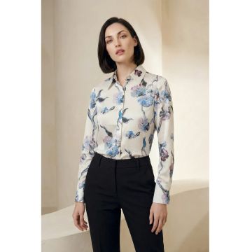 Camasa dama -  imprimeu floral - albastru cerulean - 100% poliester - maneca lunga