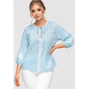 Camasa Dama Lejera Bumbac cu Detalii Brodate Stil Boho Romantic - Albastru