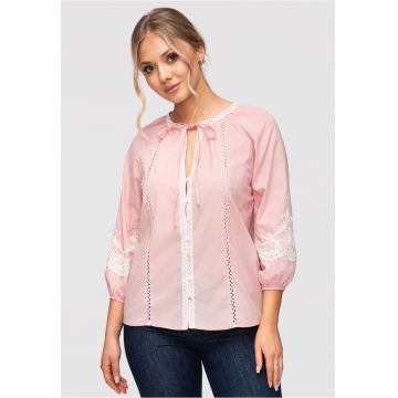 Camasa Dama Lejera Bumbac cu Detalii Brodate Stil Boho Romantic - Roz