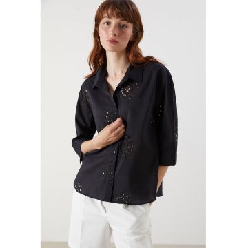 Camasa de bumbac cu broderie Sangallo - Negru