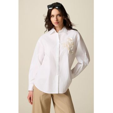 Camasa din bumbac cu broderie florala - Alb