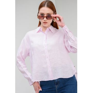 Camasa lejera din in cu mansete cu nasturi - Roz pastel