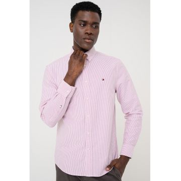 Camasa Oxford regular fit cu model in dungi Heritage - Alb/Rosu stins