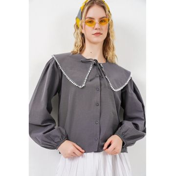 Camasa  poplin - guler bebelus - funda - gri carbune - bumbac