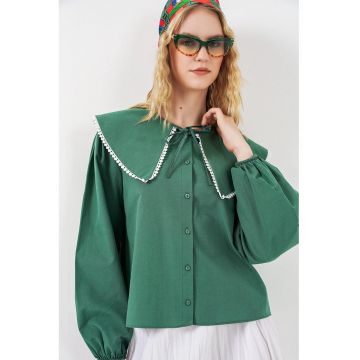 Camasi dama -  camasa cu guler bebelus si funda - verde smarald - bumbac