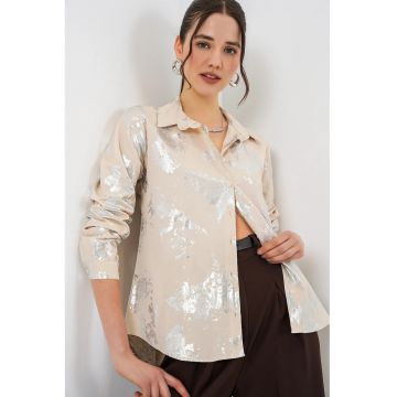 Camasi dama -  camasa supradimensionata cu dungi - crem natural - poliester