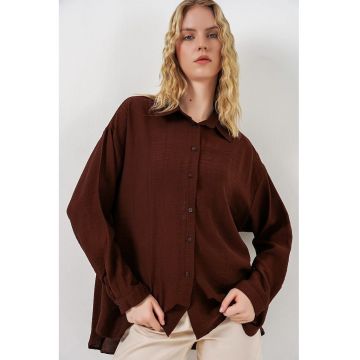 Camasi dama -  camasa supradimensionata - maneca lunga - maro mocha - poliester-bumbac