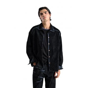 Camasa barbati -  cu maneca lunga - guler tip jacheta - negru - bumbac