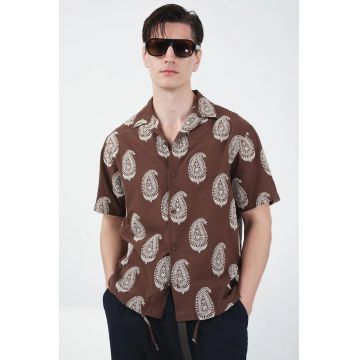 Camasa barbati -  cu maneca scurta - alb/maro - multicolor - poliamida