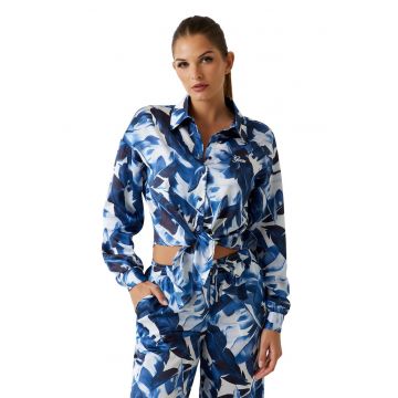 Camasa crop din satin cu snururi de ajustare - Alb/Albastru inchis