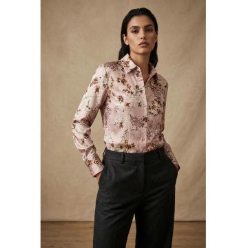 Camasa cu maneca lunga -  imprimeu floral - roz prafuit - 100% poliester