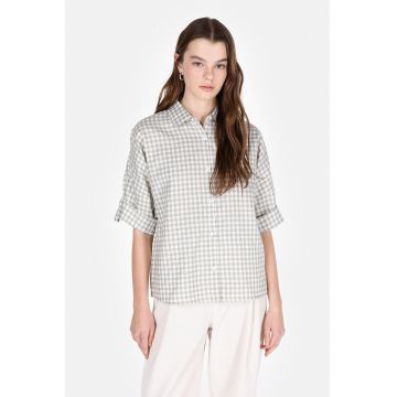 Camasa cu model gingham cu maneci medii - Alb/Verde feriga