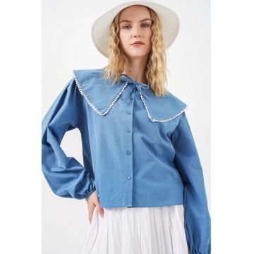 Camasa dama -  camasa cu guler bebelus si funda - Oxford Blue - bumbac