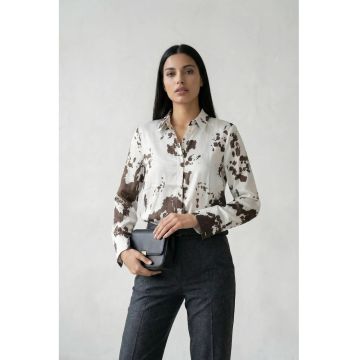 Camasa dama -  camasa cu imprimeu abstract - lungime maneca lunga - maro cafea - 100% poliester