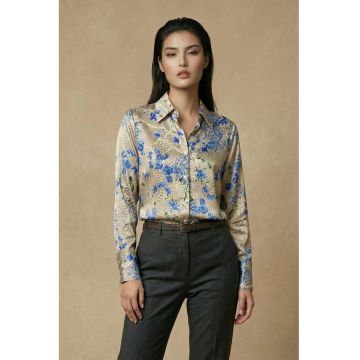 Camasa dama -  camasa cu imprimeu floral - maro camel - 100% poliester