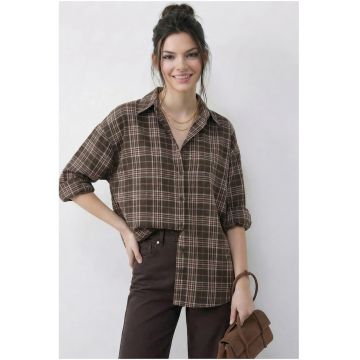 Camasa dama -  camasa cu nasturi - lejera - carouri - maro mocha - 100% bumbac