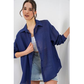 Camasa dama -  camasa texturata cu maneca lunga - albastru marin - lejer - 80% viscoza - 20% nailon