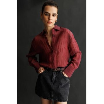 Camasa dama -  cu dungi - rosu burgund - maneca lunga - 85% viscoza - 15% poliamida