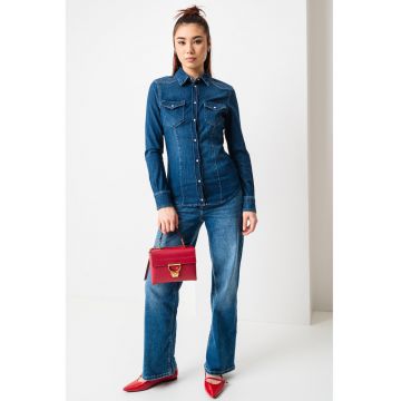 Camasa de denim cu buzunare pe piept - Albastru inchis