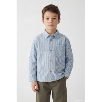 Camasa din amestec de in si bumbac cu model in dungi - Alb/Albastru lavanda