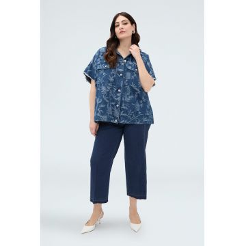 Camasa din denim cu model floral - Albastru