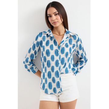 Camasa HiCCUP din satin - maneca lunga - albastru alb - material textil