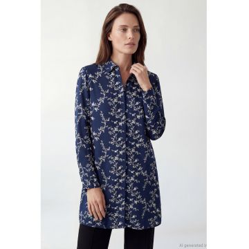 Camasa lunga cu model floral - Alb/Bleumarin