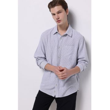 Camasa relaxed fit din amestec de in cu buzunar pe piept - Alb/Bleumarin
