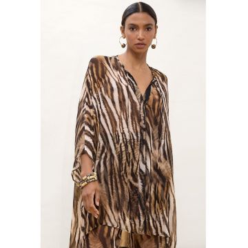 Camasa vaporoasa semitransparenta cu animal print - Alb fildes/Maro